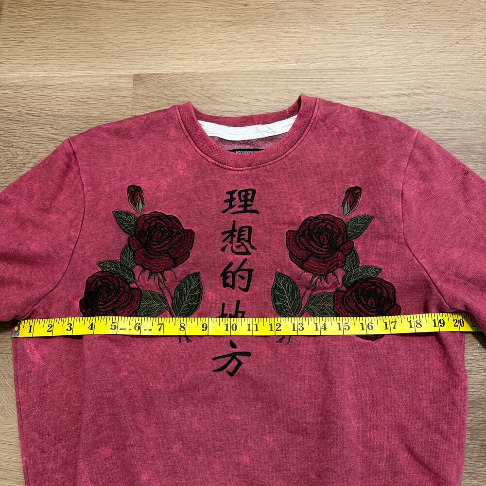 Blind Rooster Rose Embroidered Acid Wash Sweatshirt Red Kanji Streetwear Men's M - Picture 2 of 4